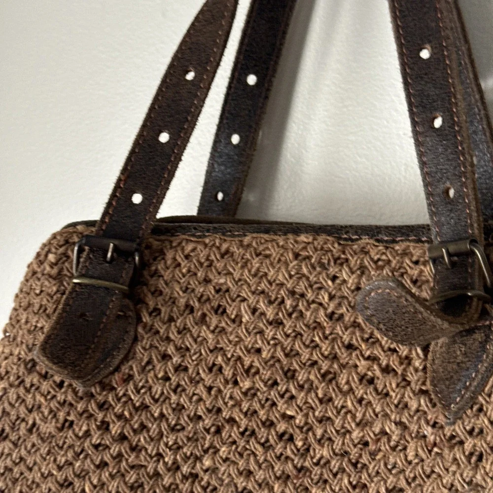 Bonfanti Purse Crochet Wool Knit Handbag Brown Leather Bag Indie‎ Hippie Italy